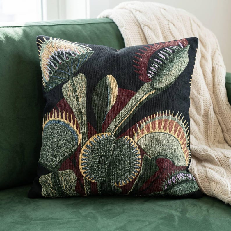 Venus Flytrap Throw Pillow Dark Cottagecore Botanical Woven Cushion Carnivorous Plant Decor Moody Witchy Tapestry Pillow Plant Lover Gift image 1