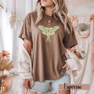 Espresso brown T-shirt with luna moth and crescent moon and celestial stars