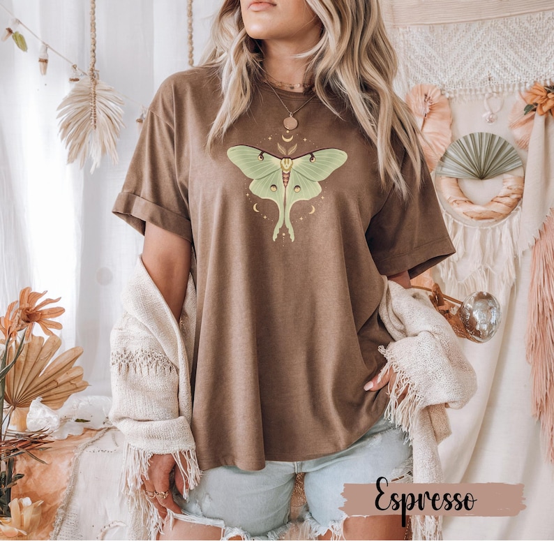 Espresso brown T-shirt with luna moth and crescent moon and celestial stars