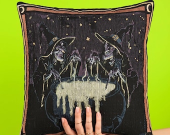 Gothic Witch Cauldron Tarot Card Woven Throw Pillow Halloween Dark Academia Celestial Moon Witchy Cottagecore Accent Cushion Decor