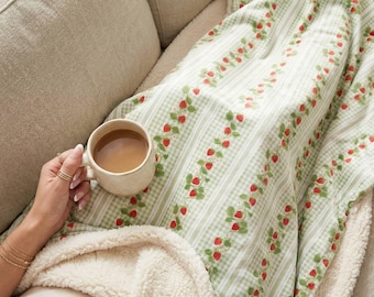 Vintage Strawberry Stripe Blanket Cottagecore Gingham Fleece Sherpa Blanket Spring Decor