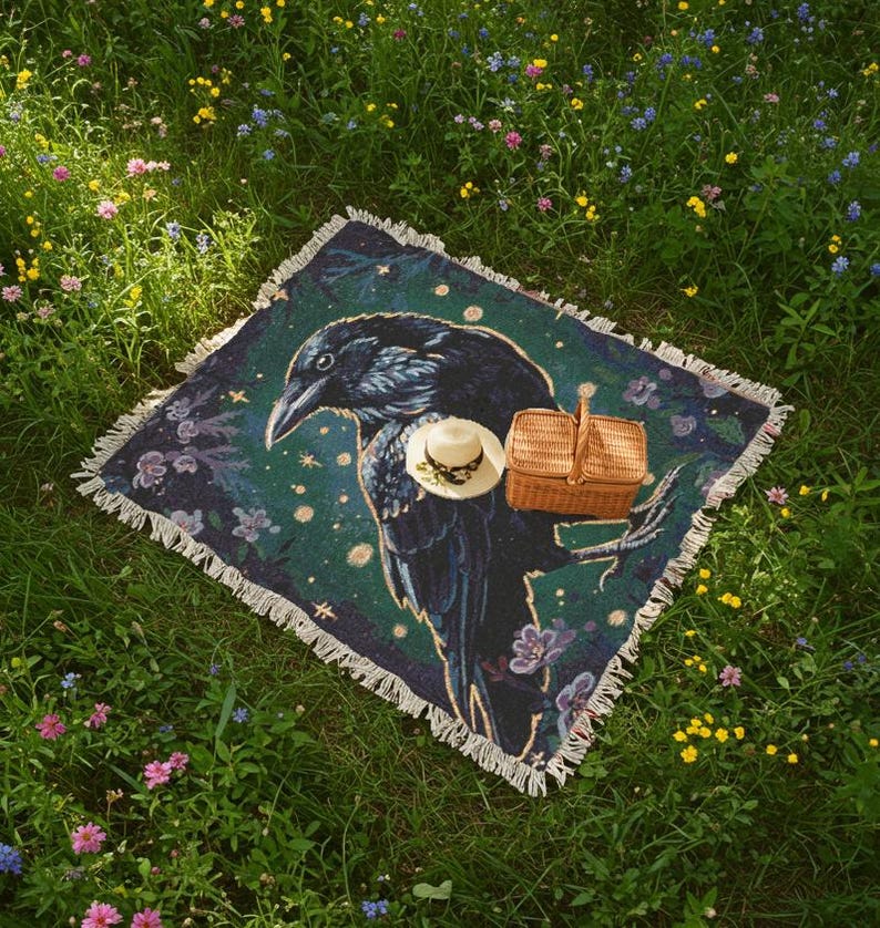 Korpvävd filt Mörk Cottagecore-dekor Häxfilt Mystisk filt Mysig heminredning Gotisk heminredning Whimsigoth-filt bild 9