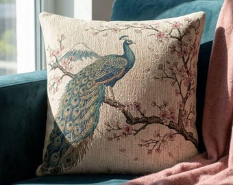 Påfågelkudde Vävd Gobelängkudde Chinoiserie Heminredning Japansk Konstkudde Körsbärsblom Accentkudde Ukiyo-e Dekor