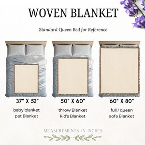 May include: Image of woven blankets in three sizes: 94cm x 132cm baby/pet blanket, 127cm x 152cm throw/kid's blanket, and 152cm x 203cm full/queen/sofa blanket. The text "WOVEN BLANKET" and "MEASUREMENTS IN INCHES" are displayed. Blankets are shown on beds for size reference.