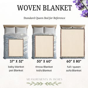 May include: Three woven blankets of different sizes are shown on a bed. The blankets are beige with fringe edges. The sizes are 37 inches by 52 inches, 50 inches by 60 inches, and 60 inches by 80 inches. The text "WOVEN BLANKET" is at the top of the image. The text "Standard Queen Bed for Reference" is below the title. The text "MEASUREMENTS IN INCHES" is below the blankets.