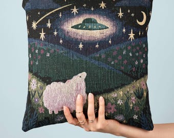 UFO Sheep Woven Throw Pillow Alien Abduction Tapestry Cushion Whimsical Starry Night Celestial Home Decor Sci-Fi Aesthetic Gift for Her