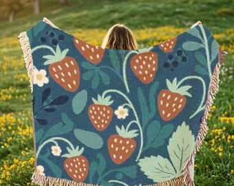 Strawberry Woven Blanket Cottagecore Throw Whimsical Bedspread Strawberries Decor Dopamine Decorator Whimsical Fruit Lover Gift Fairycore
