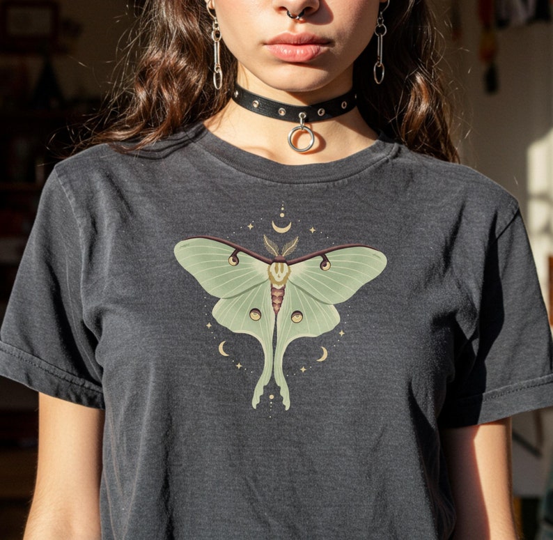 Pepper T-shirt with luna moth and crescent moon and celestial stars
