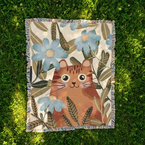 Whimsical Cat Woven Blanket Cozy Home Decor Cat Lovers Gift Floral Throw Blanket Boho Living Room Accent Garden Cat Housewarming Present