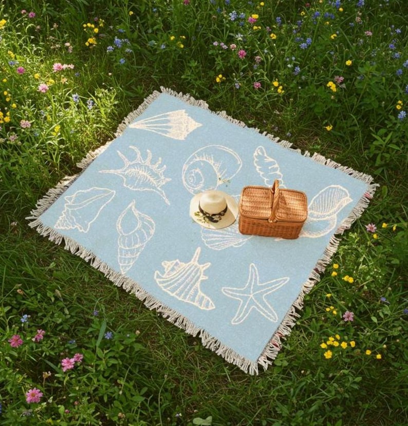 light blue blanket with white seashells, vintage sealife coastal decor nautical theme tapestry