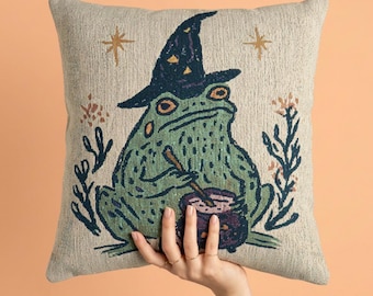 Witchy Frog Throw Pillow Woven Halloween Toad Decor Spooky Season Cauldron Cushion Whimsigoth Bedroom Accent Goblincore Gift