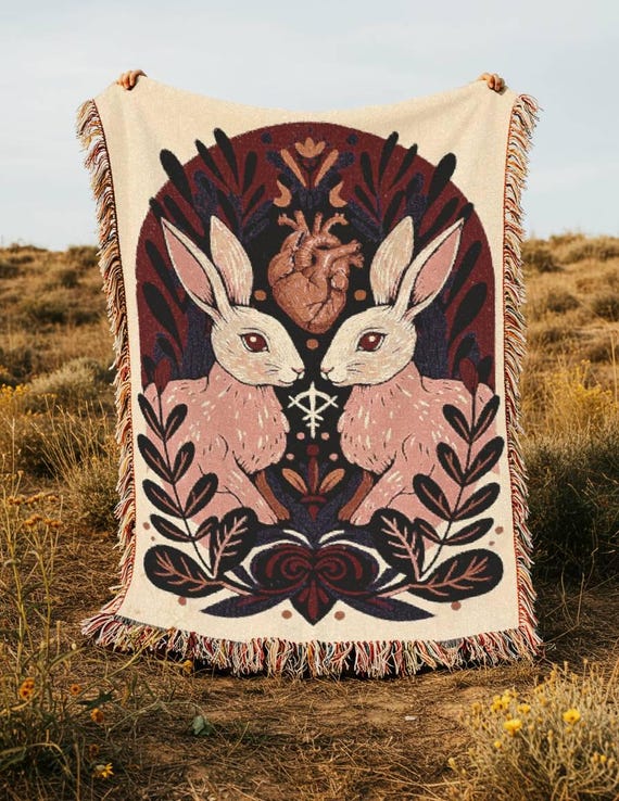 Witchy Rabbit Woven Blanket  Mystical Blanket Dark Cottagecore Decor Witch Tapestry Jackrabbit Occult Wall Art Alchemy Gifts Gothic Throw