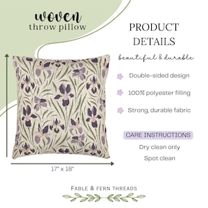 May include: A square woven throw pillow measuring 17 inches by 18 inches, featuring a repeating pattern of purple and yellow iris flowers with green foliage on a cream background. Text includes woven throw pillow, product details, and care instructions.