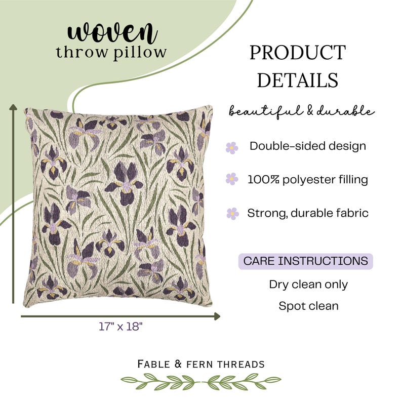 May include: A square woven throw pillow measuring 17 inches by 18 inches, featuring a repeating pattern of purple and yellow iris flowers with green foliage on a cream background. Text includes woven throw pillow, product details, and care instructions.