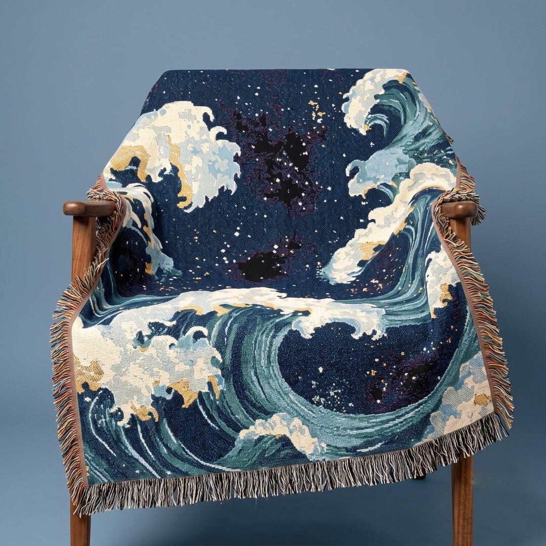 Celestial Ocean Waves Woven Blanket Bohemian Tapestry, Beach Throw