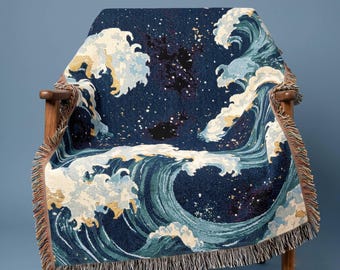 Celestial Ocean Waves Woven Blanket Bohemian Tapestry, Beach Throw