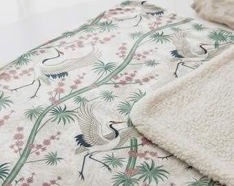 Manta Sherpa Vintage Crane, Manta Botánica Chinoiserie, Ropa de Cama de Arte Asiático Tradicional, Elegante Forro Polar con Estampado de Garza, Suave Ropa de Cama Floral con Garza