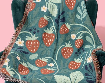 Strawberry Woven Blanket Cottagecore Throw Whimsical Bedspread Strawberries Decor Dopamine Decorator Whimsical Fruit Lover Gift Fairycore