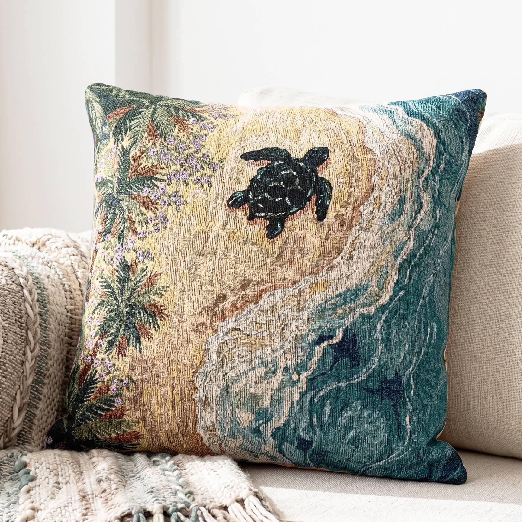 Sea Turtle Woven Throw Pillow Eclectic Maximalist Coastal Decor Tropical Beach Accent Pillow Nautical Style Cushion Sea Turtle Lover Gift