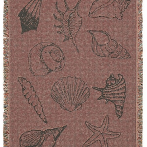 May include: A red woven throw blanket with a pattern of various seashells in black and white. The blanket has a fringe border.