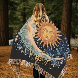 Celestial Whimsigoth Boho Woven Blanket Sun Moon Tapestry Witchy Home Decor Cozy Throw 90s whimsigothic Wall Hanging