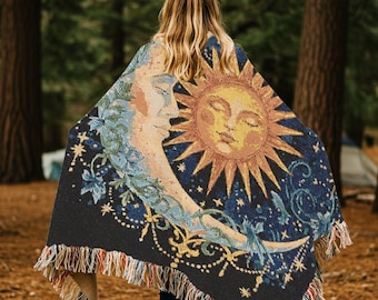 Celestial Whimsigoth Boho Woven Blanket Sun Moon Tapestry Witchy Home Decor Cozy Throw 90s whimsigothic Wall Hanging