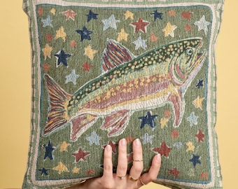 Trout Throw Pillow Fish Cabin Decor Lake House Pillow Fishing Gift Woven Cushion for Rustic Lodge Living Room Whimsical Fish and Stars