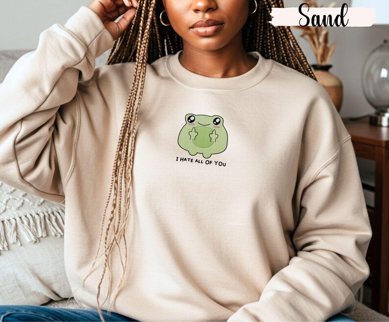 Frog flipping the bird with the text i hate all of you in black below Embroidered Sweatshirt Funny Frog Gift Goblincore Frog Lover Gift Cool Frog Outfit Frog Retro Meme Green Frog Embroidered Crewneck