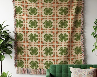 Clover Woven Blanket Granny Square Four-Leaf Clover St Patrick's Day Floral Coquette St Paddy's Green Shamrock Throw Irish Blanket Woven
