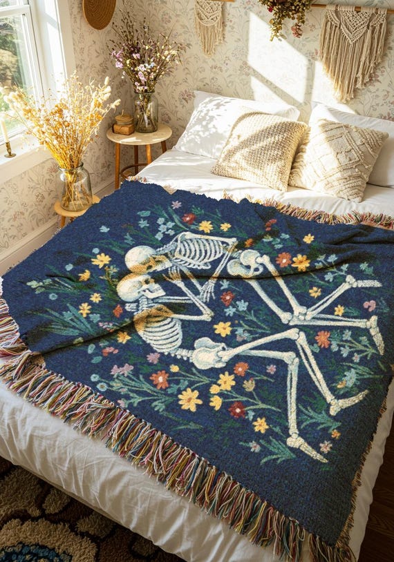 Skeletons Blanket Whimsigoth Tapestry In a Week Hozier Gift for Couples Goth Throw Blanket Antique Home Decor Whimsigothic Skeletons Floral