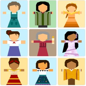 May include: A mosaic of nine stylized female figures, each in a unique outfit and pose. The figures are rendered in a geometric, low-poly style, with a variety of colors and patterns. The overall theme suggests a collection of characters or a design concept.