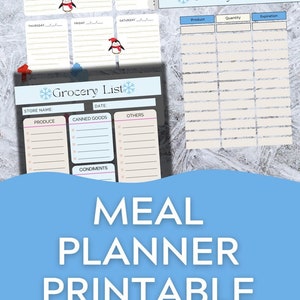 Winter Colorful Meal Planner Printable, Meal Tracker, Menu Plan & Prep, Grocery List