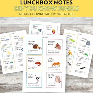 May include: A set of 10 printable "Did You Know?" lunchbox notes featuring fun facts about animals and weather. The notes are designed in a colorful cartoon style with illustrations of animals and weather elements. Each note measures 3 inches in size.