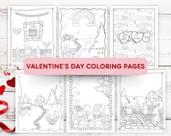 May include: Set of six black and white coloring pages featuring gnomes, hearts, rainbows, and the text "You're Sweet", "You Rock", "Be Mine", and "Mine & Yours".