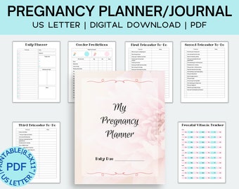 May include: A printable pregnancy planner journal with a pink floral design. The journal includes sections for daily planning, gender predictions, trimester to-do lists, and a prenatal vitamin tracker. The cover features the text "My Pregnancy Planner" and "Baby Due".