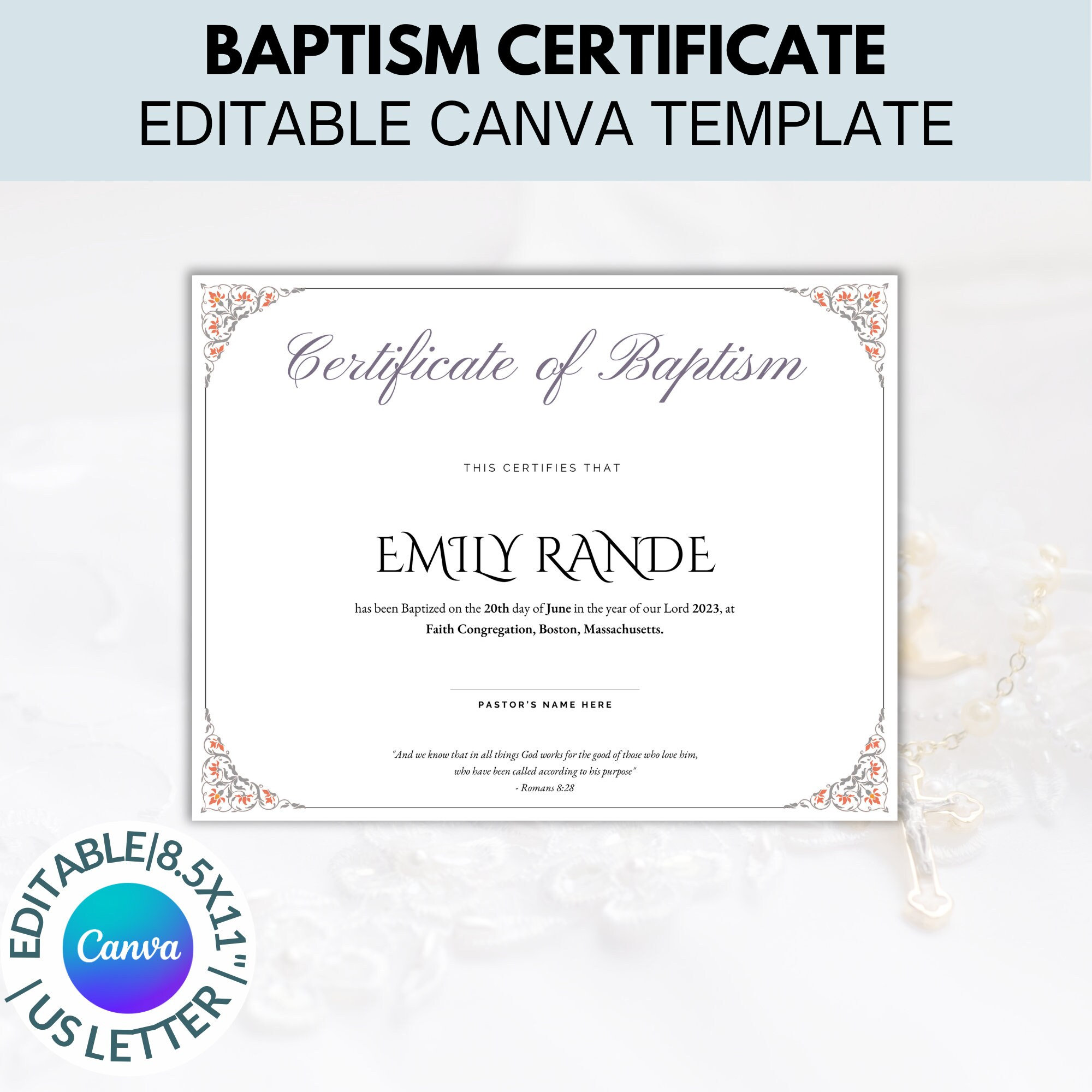 BAPTISM Certificate Editable Baptism Certificate Template Printable