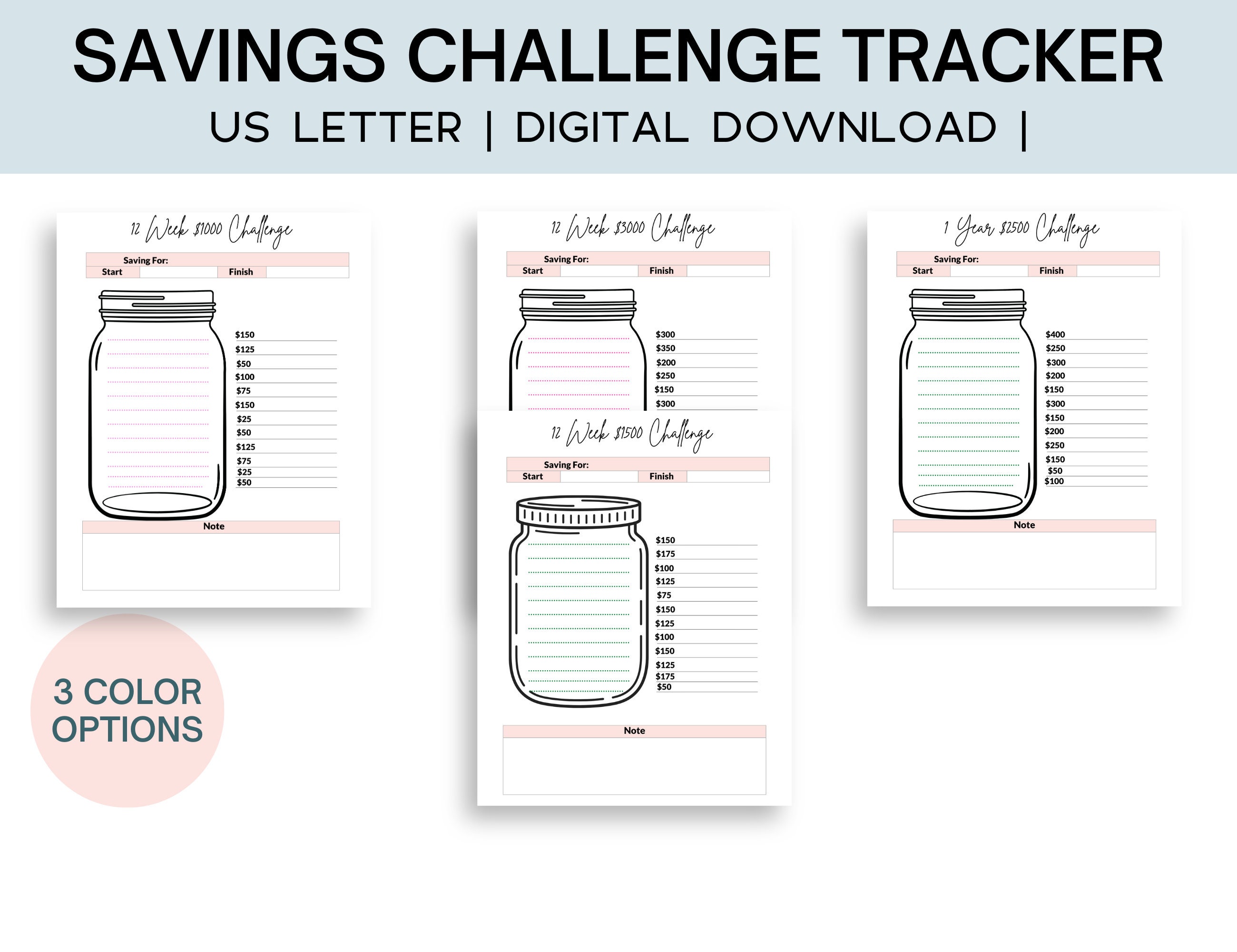 12 Week and 1 Year Savings Challenge | Printable Savings Goal ...