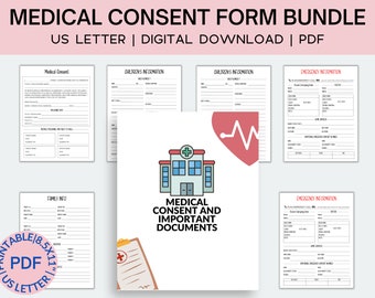 May include: A printable bundle of medical consent forms in US Letter size. The forms include sections for patient information, medical history, and emergency contacts. The bundle is available as a digital download in PDF format.