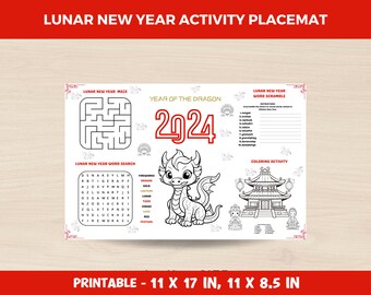Lunar New Year Children's Activity Placemat | Year of the Dragon Place Setting | Printable Chinese New Year Classroom Activities & Games PDF