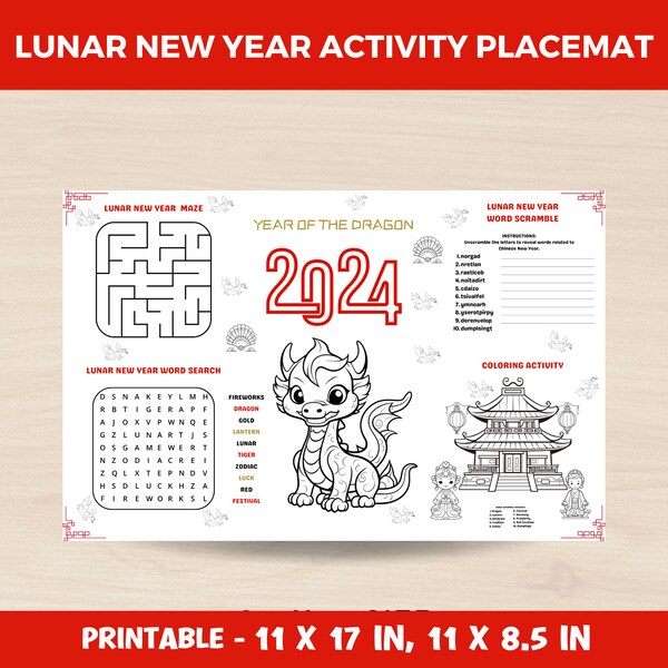Lunar New Year Children's Activity Placemat | Year of the Dragon Place Setting | Printable Chinese New Year Classroom Activities & Games PDF