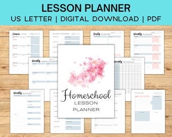 May include: A collection of printable lesson planner pages with a floral design. The central page reads "Homeschool Lesson Planner" with a watercolor flower graphic. Other pages include "Lesson Notes," "Student Progress," and "Weekly Planner."