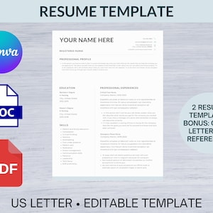Nurse/Medical Professional Resume Template with Bonus! Cover Letter, References Template, CV Template, Edit with Canva