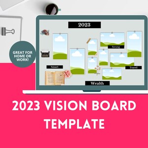 May include: A laptop screen displaying a 2023 vision board template with images and text. The template includes categories such as "Smart", "Wealth", "Strong", and "Travel".
