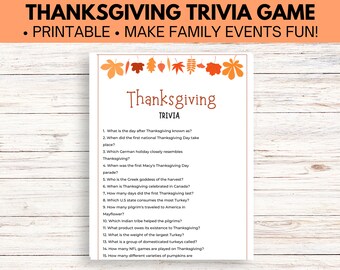 May include: A printable Thanksgiving trivia game with 15 questions about the holiday. The questions cover topics like the history of Thanksgiving, the Macy's Thanksgiving Day Parade, and the weight of the largest turkey.