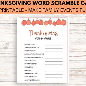 Op de afbeelding: Een printbaar Thanksgiving-woordzoekspel met een lijst met woorden om te ontcijferen. Het spel heeft een feestelijk ontwerp met pompoenen en de tekst "Thanksgiving Word Scramble".