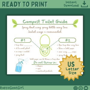 Puede incluir: Una guía imprimible para inodoros de compost con texto e ilustraciones en verde y blanco. La guía incluye instrucciones de uso, con un diagrama de un inodoro y un pulverizador. El texto dice "Ready to Print" y "US Letter Size."