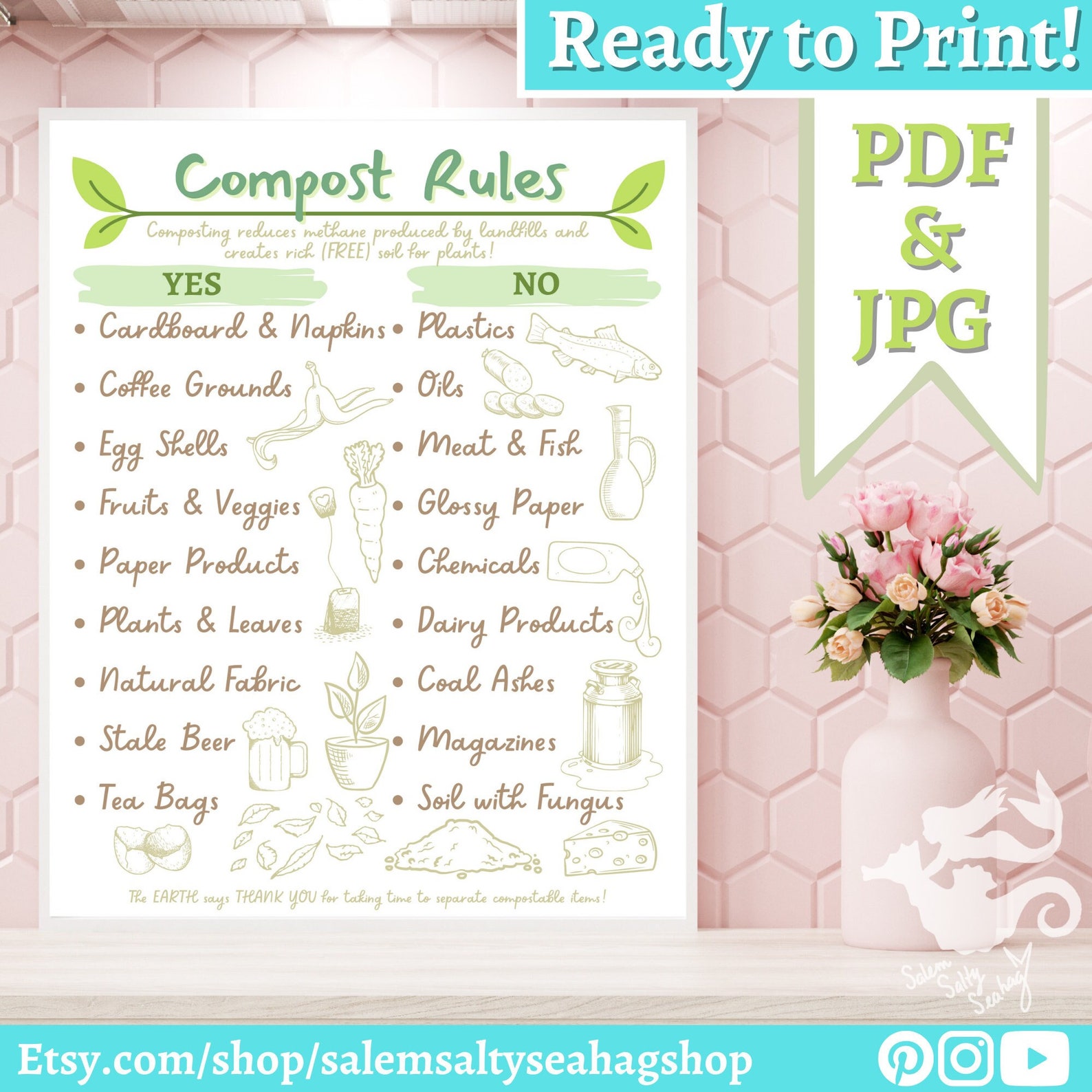 Compost Bin Rules Sign Zero Waste Kitchen Printable - Etsy