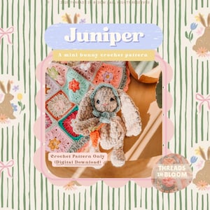 以下が含まれることがあります： Juniperというタイトルのデジタルダウンロード用かぎ針編みパターン。ティールブルーのボンネットを被り、小さなオレンジ色のニンジンを持ったベージュのウサギのぬいぐるみと、花柄のグラニースクエアブランケットが明るい木製の表面に置かれています。
