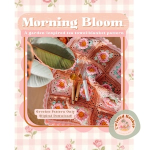Peut inclure: Un patron de crochet téléchargeable numériquement intitulé "Morning Bloom" pour une couverture de torchon de cuisine inspirée d'un jardin. L'image montre une couverture finie avec des motifs floraux roses et pêche, avec un fouet et des cuillères à mesurer.