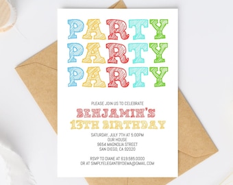 Simple Colorful Birthday Invitation Template, ANY AGE, Instant Download Birthday Invitation for Boys Teens Kids Girls Adults, Corjl DIY